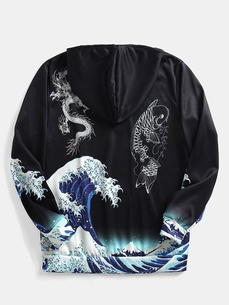 Miesten Tuulenpitävät Ukiyo-e Element Dragon Wave Pattern Mustat Hupparit
