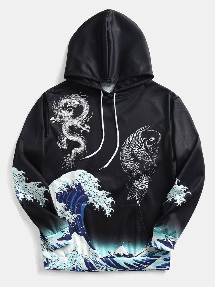 Miesten Tuulenpitävät Ukiyo-e Element Dragon Wave Pattern Mustat Hupparit