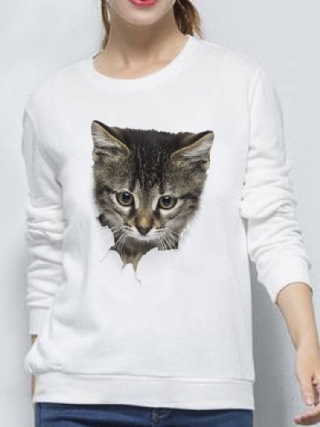 Naisten 3d Söpö Little Cat Print Crew Neck Rento Yksinkertainen Pitkähihainen Villapaita