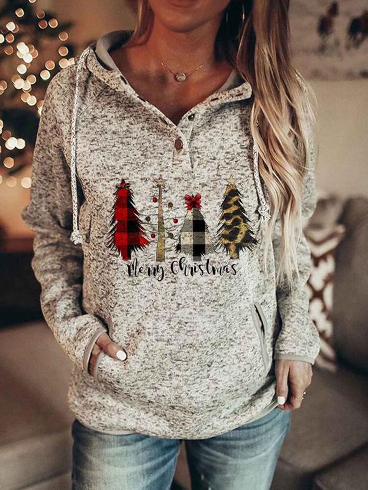 Naisten Joulukirjeprintti Raglan Sleeve Button Kaulus Kiristysnyörillinen Huppari Taskulla