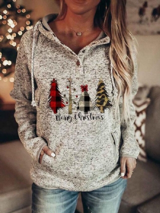 Naisten Joulukirjeprintti Raglan Sleeve Button Kaulus Kiristysnyörillinen Huppari Taskulla