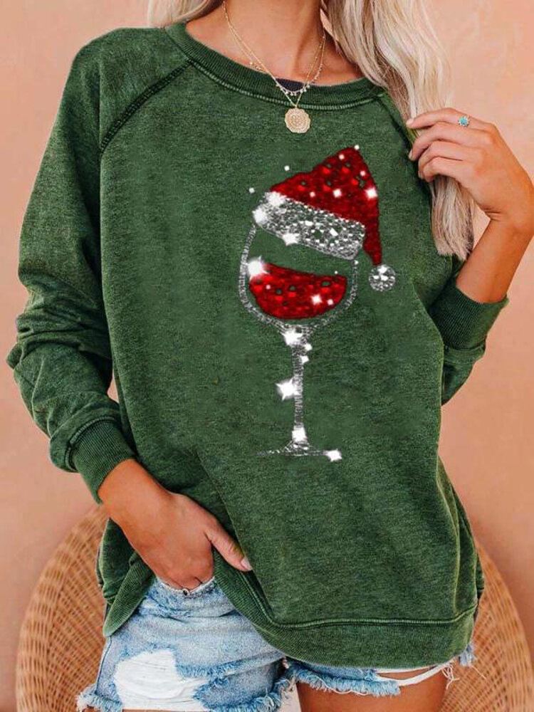 Naisten Jouluprintti O-kaula-aukkoinen Raglan Sleeve Löysä Villapaita