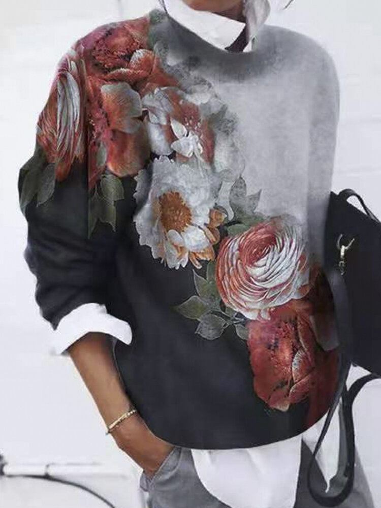 Naisten Ombre Calico Printed Pitkähihainen O-pääntie Rento Collegepaita