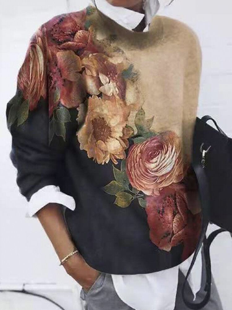 Naisten Ombre Calico Printed Pitkähihainen O-pääntie Rento Collegepaita