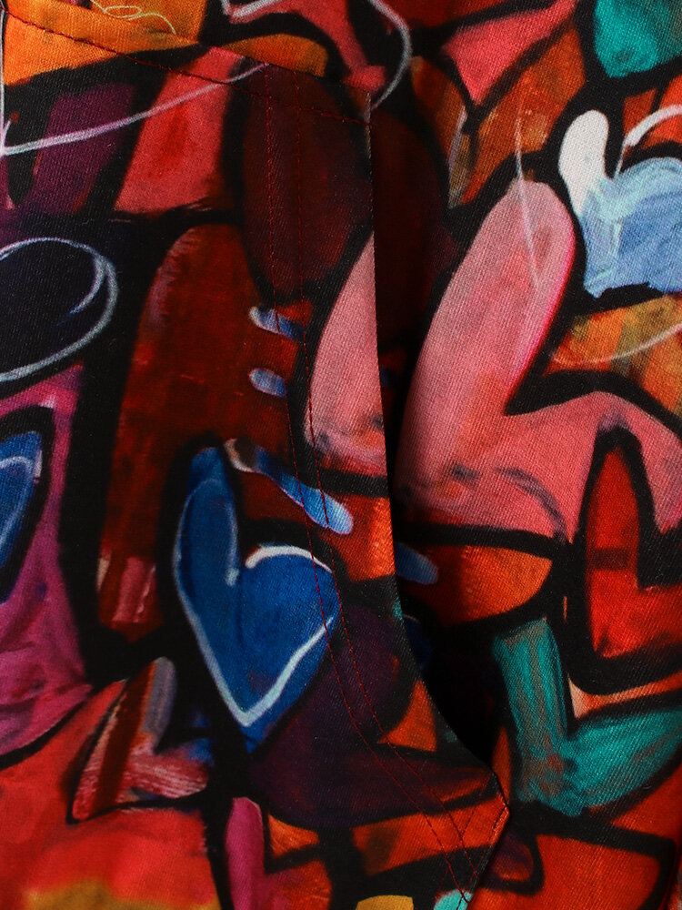 Naisten Värikäs Graffiti Sydänkuvioinen Pitkähihainen Kiristysnyörillinen Huppari Kengurutaskulla