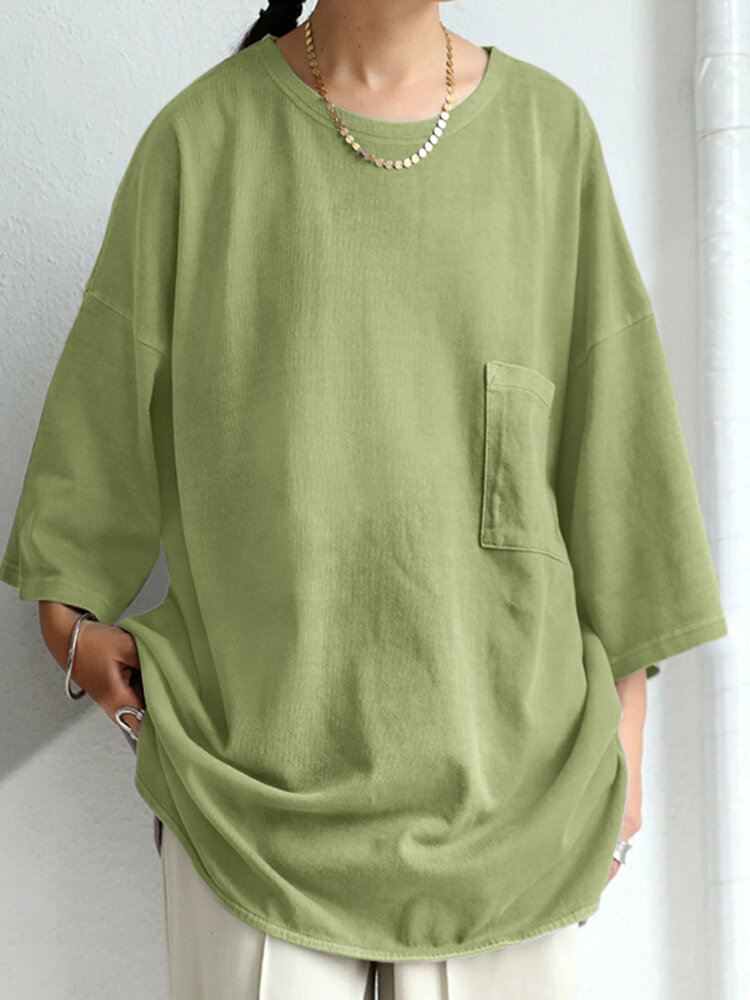 Solid Drop Shoulder Pocket Löysä Pyöreäkauluksinen Collegepaita