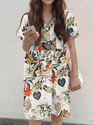 Cottagecore Plant Print Pocket Button-puuvillapaitamekko