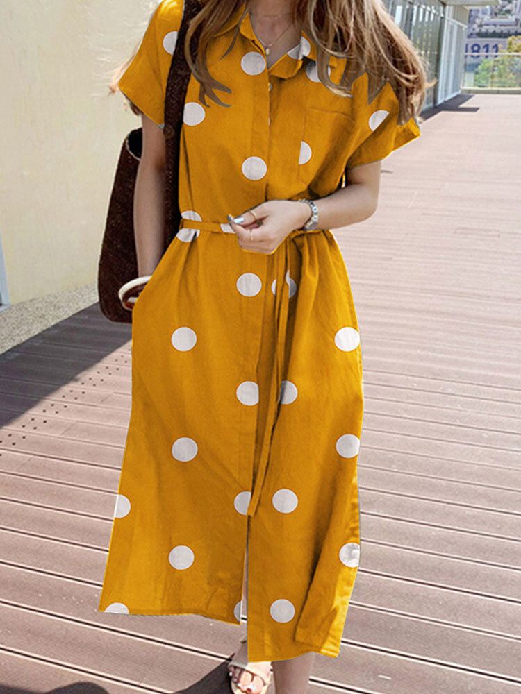 Cottagecore Polka Dot Pocket Lapel Lyhythihainen Paitamekko