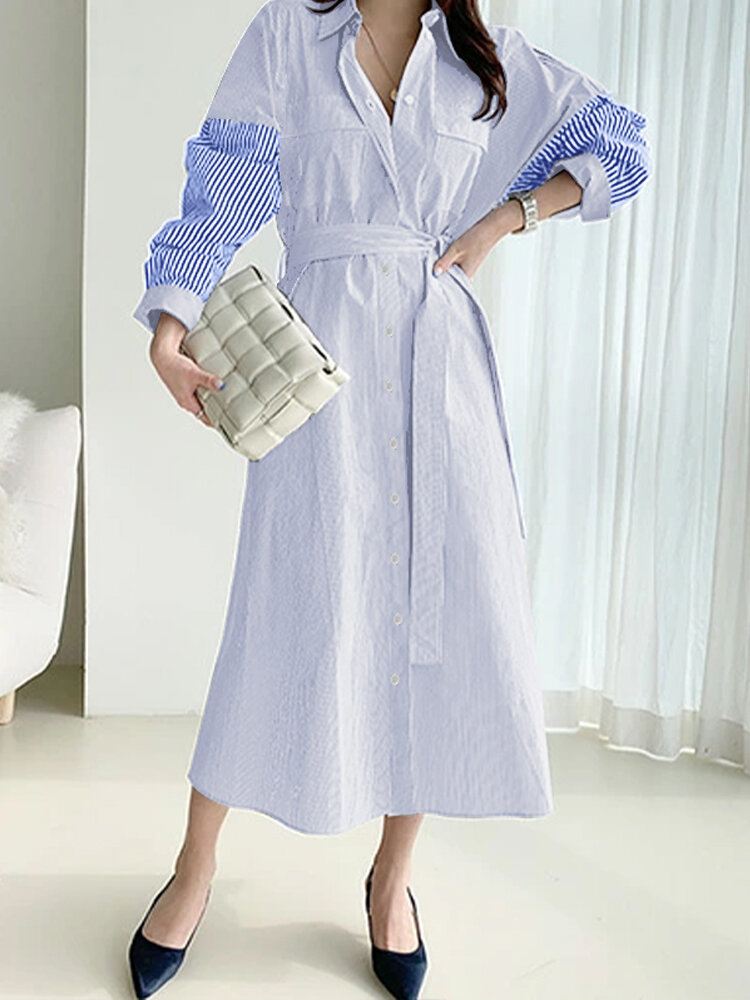 Stripe Contrast Color Taskullinen Vyö Nappikiinnitys Paitamekko