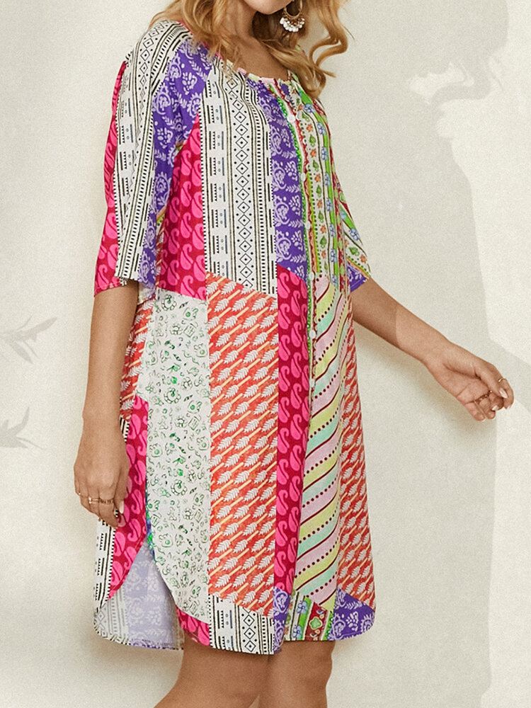 Naisten Abstrakti Colorblock Print-pukukaula Puolihihainen Etninen Mekko