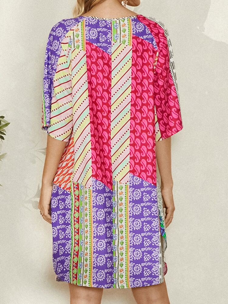 Naisten Abstrakti Colorblock Print-pukukaula Puolihihainen Etninen Mekko