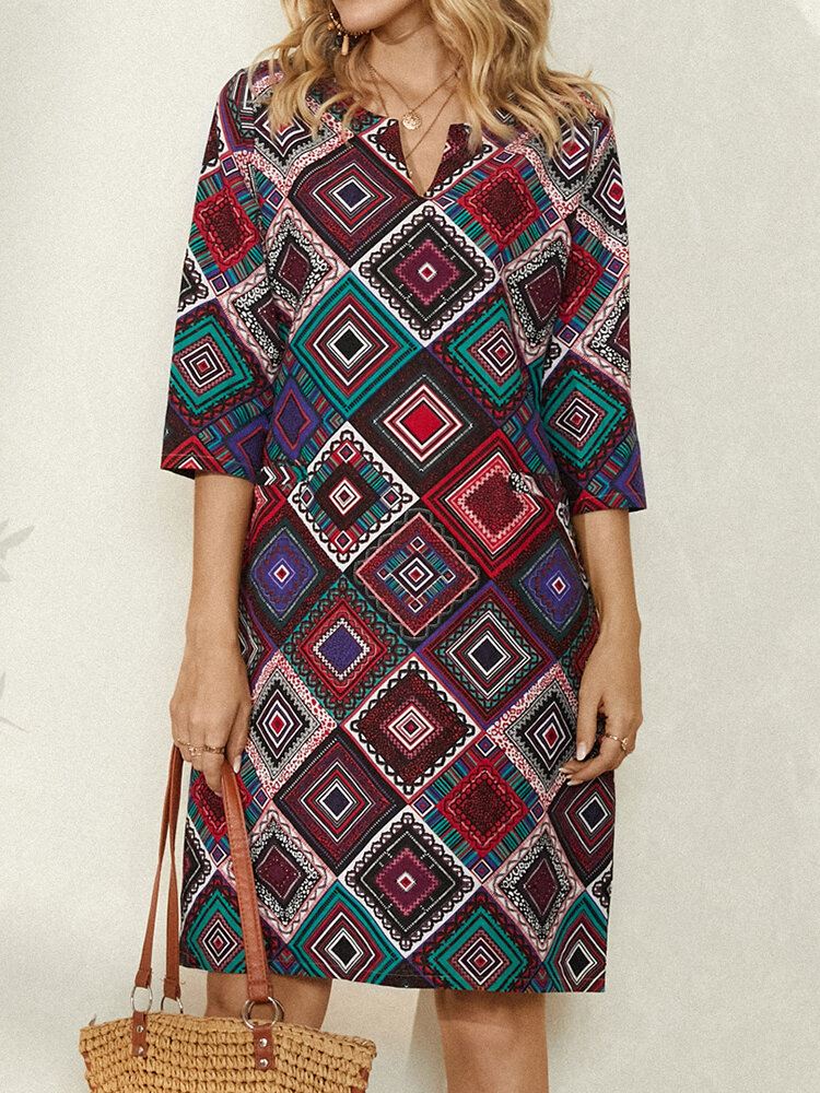 Naisten Etninen Geometrinen Printti 3/4-hihainen Vintage Rento Mekko Taskulla