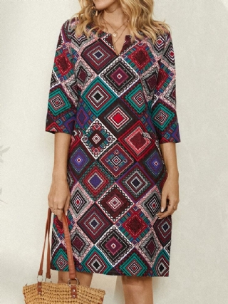 Naisten Etninen Geometrinen Printti 3/4-hihainen Vintage Rento Mekko Taskulla