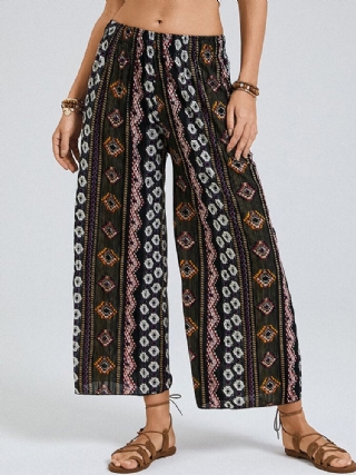 Bohemia Ethnic Print Joustavat Korkeavyötäröiset Leveälahkeiset Oleskeluhousut Naisille