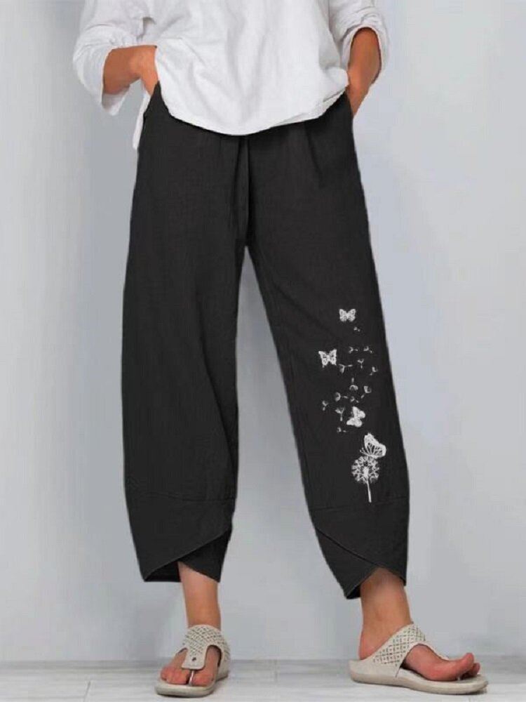 Butterfly Flower Print Halkiohelma Rennot Housut Taskulla