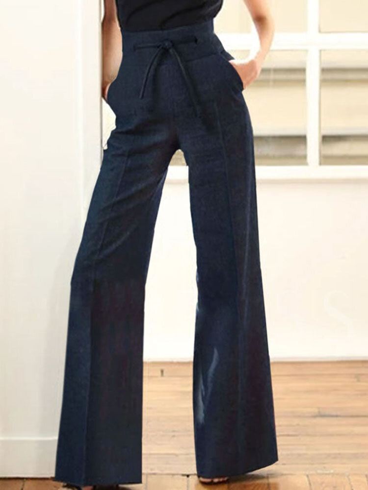 Naisten Kiristysnyörillä Korkeavyötäröiset Housut Suorat Bootcut-housut Taskuilla