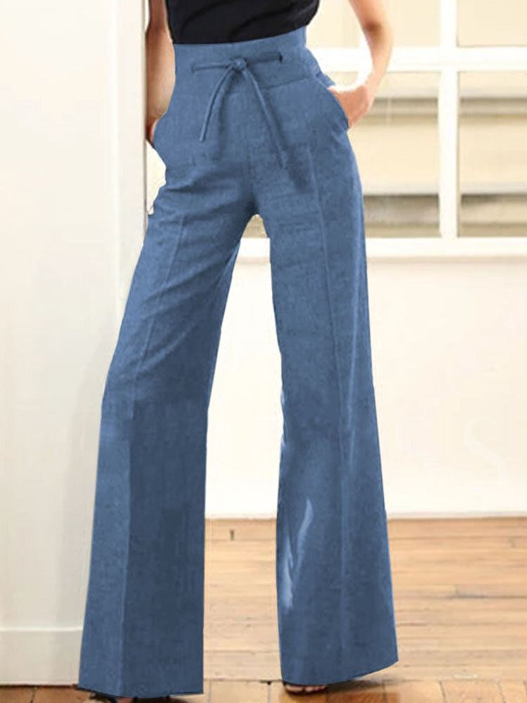 Naisten Kiristysnyörillä Korkeavyötäröiset Housut Suorat Bootcut-housut Taskuilla