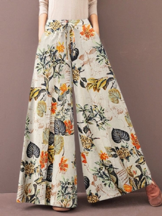 Naisten Vintage Floral Plant Print Kiristysnyörillä Leveät Housut Taskulla