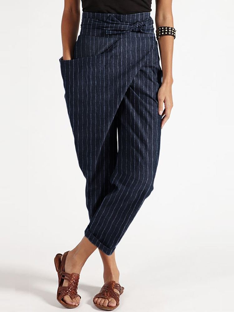 Raidallinen Epäsäännöllinen Wrap Pocket Rennot Haaremihousut Vyöllä