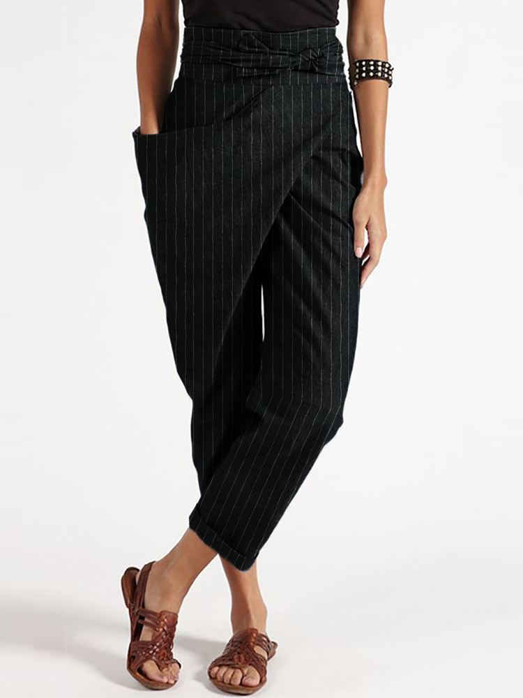 Raidallinen Epäsäännöllinen Wrap Pocket Rennot Haaremihousut Vyöllä
