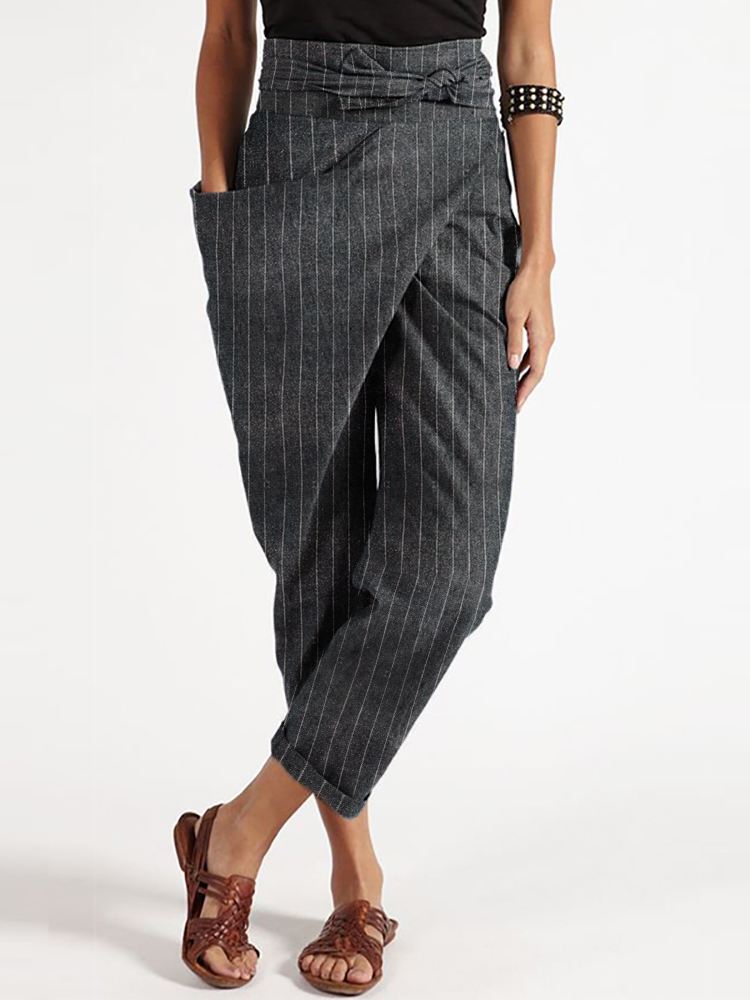 Raidallinen Epäsäännöllinen Wrap Pocket Rennot Haaremihousut Vyöllä