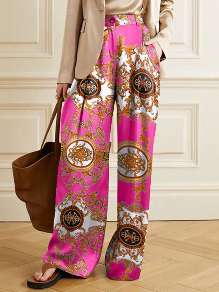 Tribal Pattern Pocket Button Vetoketjullinen Lattiapituus Housut