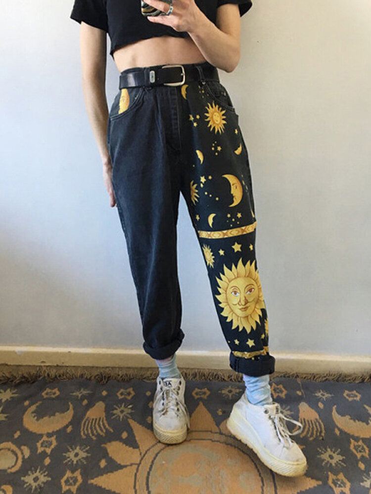 Naisten Design Sarjakuvalevy Sun Moon Print High Waist Farkut