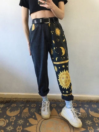 Naisten Design Sarjakuvalevy Sun Moon Print High Waist Farkut