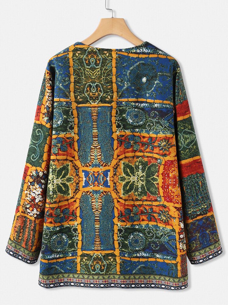 Etnisen Tyylin Kukkakuvioinen Patchwork Pitkähihaiset Vintage-takit Taskuilla