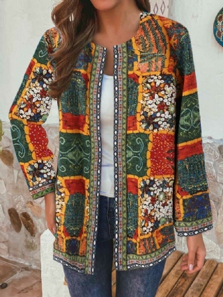 Etnisen Tyylin Kukkakuvioinen Patchwork Pitkähihaiset Vintage-takit Taskuilla