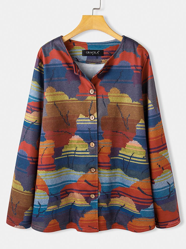 Naisten Koko Abstract Print Button Up O-pääntie Rento Takki