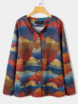 Naisten Koko Abstract Print Button Up O-pääntie Rento Takki