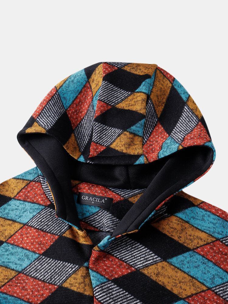 Naisten Vintage Geometric Color Block Print Patchwork Pitkähihaiset Hupulliset Takit