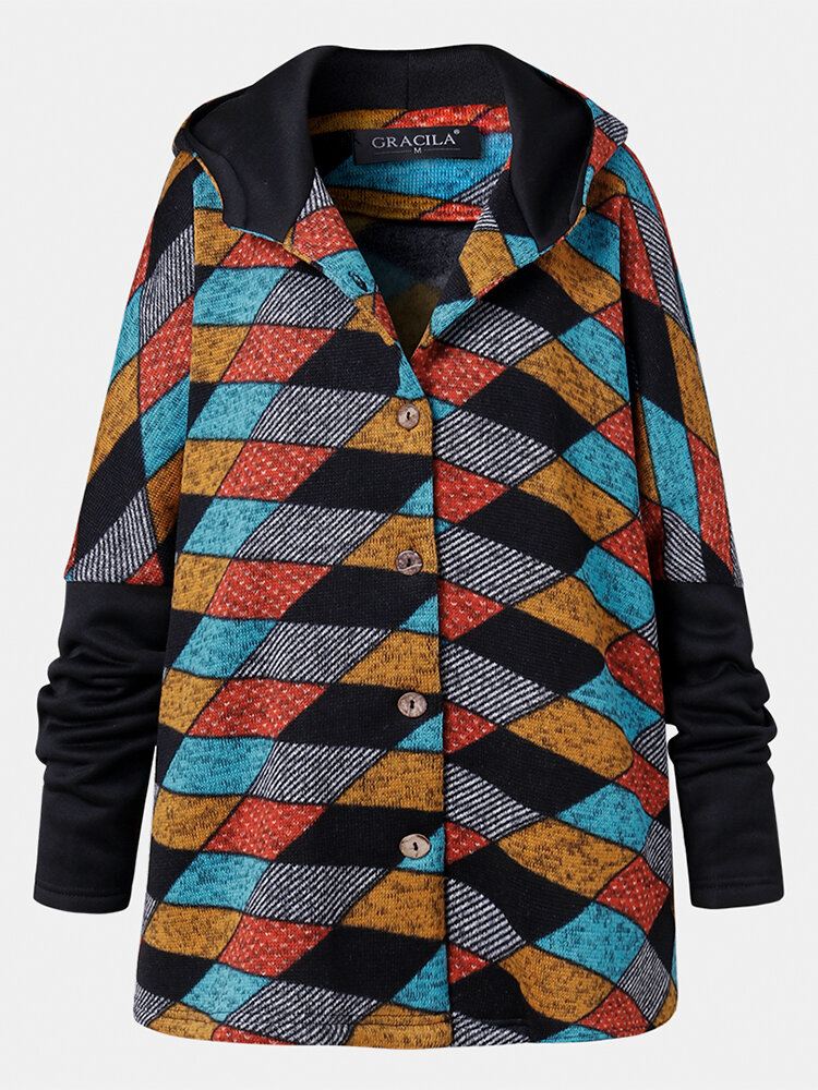 Naisten Vintage Geometric Color Block Print Patchwork Pitkähihaiset Hupulliset Takit