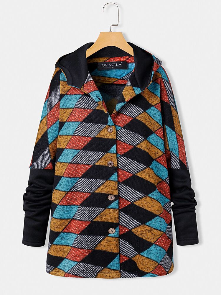 Naisten Vintage Geometric Color Block Print Patchwork Pitkähihaiset Hupulliset Takit