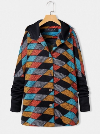 Naisten Vintage Geometric Color Block Print Patchwork Pitkähihaiset Hupulliset Takit