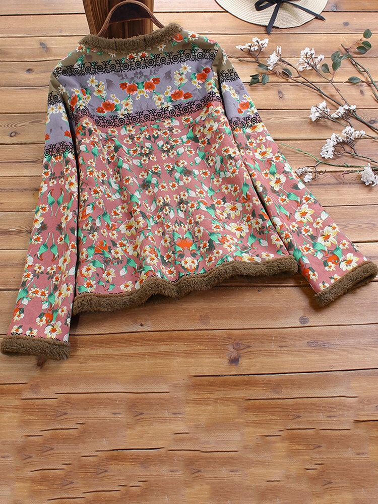 Vintage Kukkaprintti O-pääntie Pitkähihainen Paksu Takki