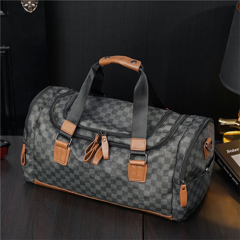 Miesten Pu Nahka Ruutukuvioinen Monitoimikäsilaukku Muoti Monitaskuinen Matkalaukku Fitness Bag Crossbody Laukku Olkalaukku