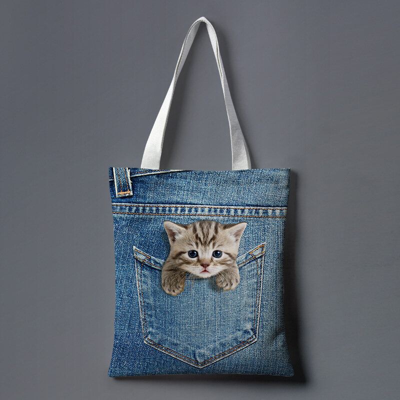 Naiset Canvas Cat Dog Inside Farkut Kuvio Suurikokoinen Koululaukku Olkalaukku Käsilaukku Tote