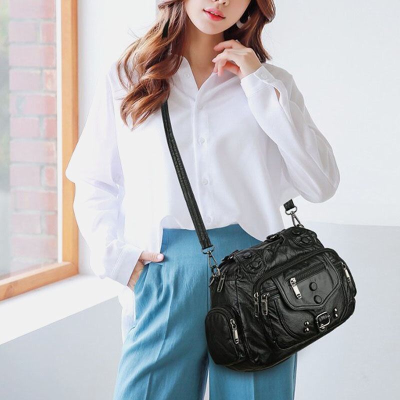 Naiset Pu Nahka Suuri Tilavuus Monitaskuinen Niitti Koriste Retro Pehmeä Kangas Käsilaukut Crossbody Laukut