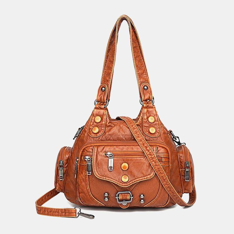 Naiset Pu Nahka Suuri Tilavuus Monitaskuinen Niitti Koriste Retro Pehmeä Kangas Käsilaukut Crossbody Laukut