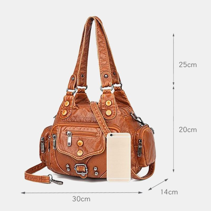 Naiset Pu Nahka Suuri Tilavuus Monitaskuinen Niitti Koriste Retro Pehmeä Kangas Käsilaukut Crossbody Laukut