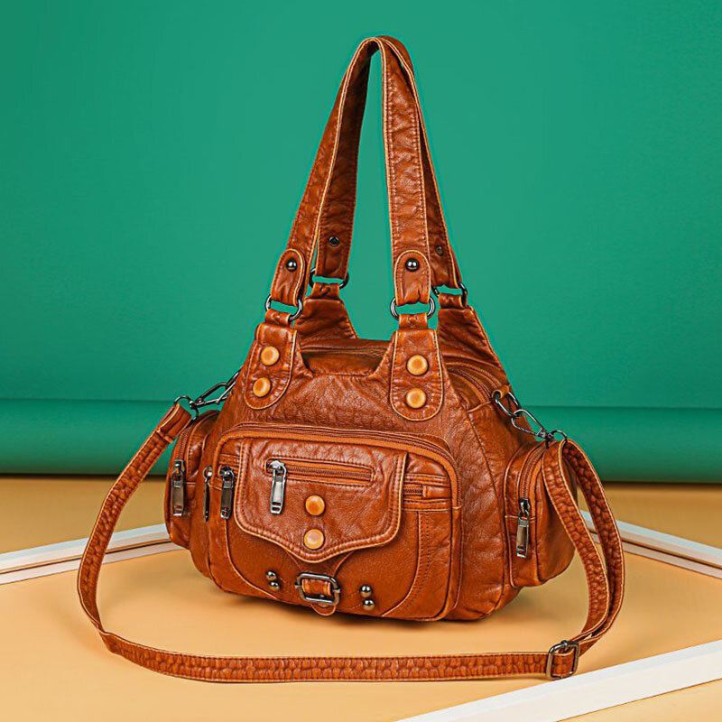 Naiset Pu Nahka Suuri Tilavuus Monitaskuinen Niitti Koriste Retro Pehmeä Kangas Käsilaukut Crossbody Laukut