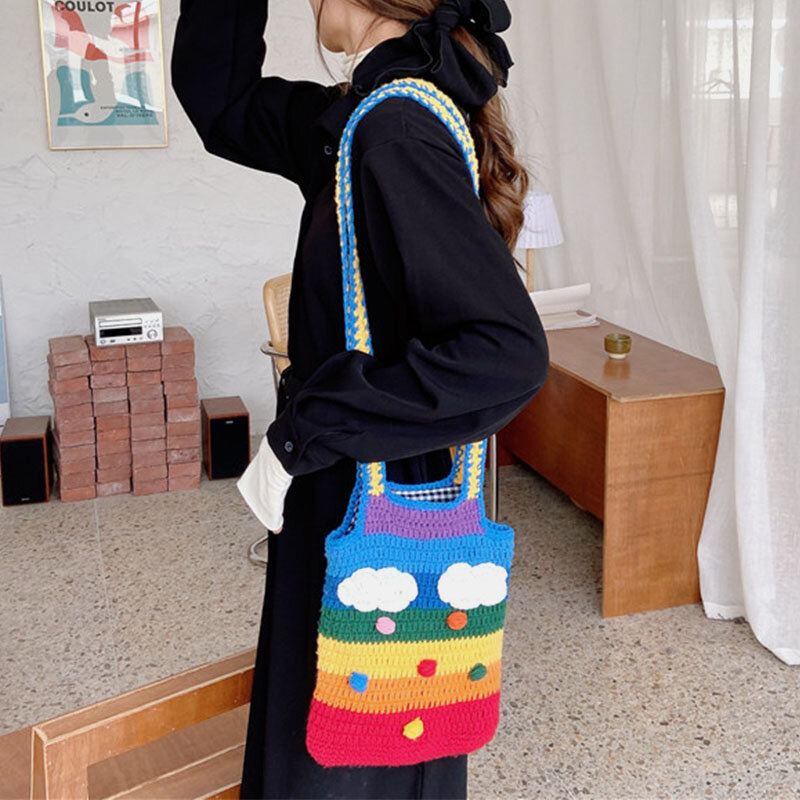 Naiset Rainbow Stripe Sarjakuva Söpö Rento Nuorten Villaneulottu laukku Käsilaukku Tote Crossbody Laukku