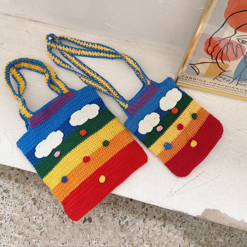 Naiset Rainbow Stripe Sarjakuva Söpö Rento Nuorten Villaneulottu laukku Käsilaukku Tote Crossbody Laukku