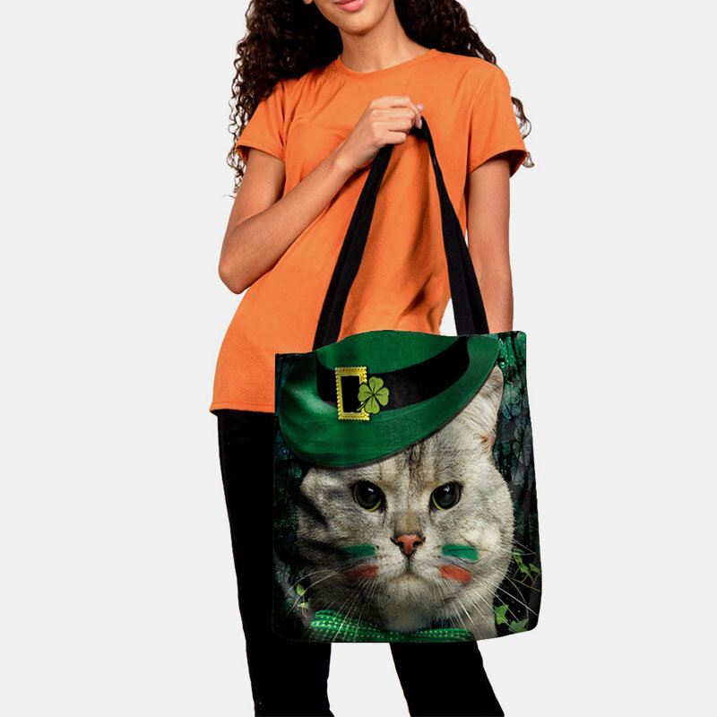 Naisten Clover Cat Pattern-tuloste Happy St Patrick Day Olkalaukku Käsilaukku Tote