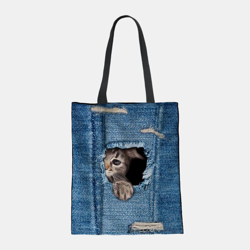 Naisten Kangas Breaking Hole Denim 3d Söpö Kissa Koirakuvio Rento Ulkokäyttöinen Käsilaukku Olkalaukku Kanta