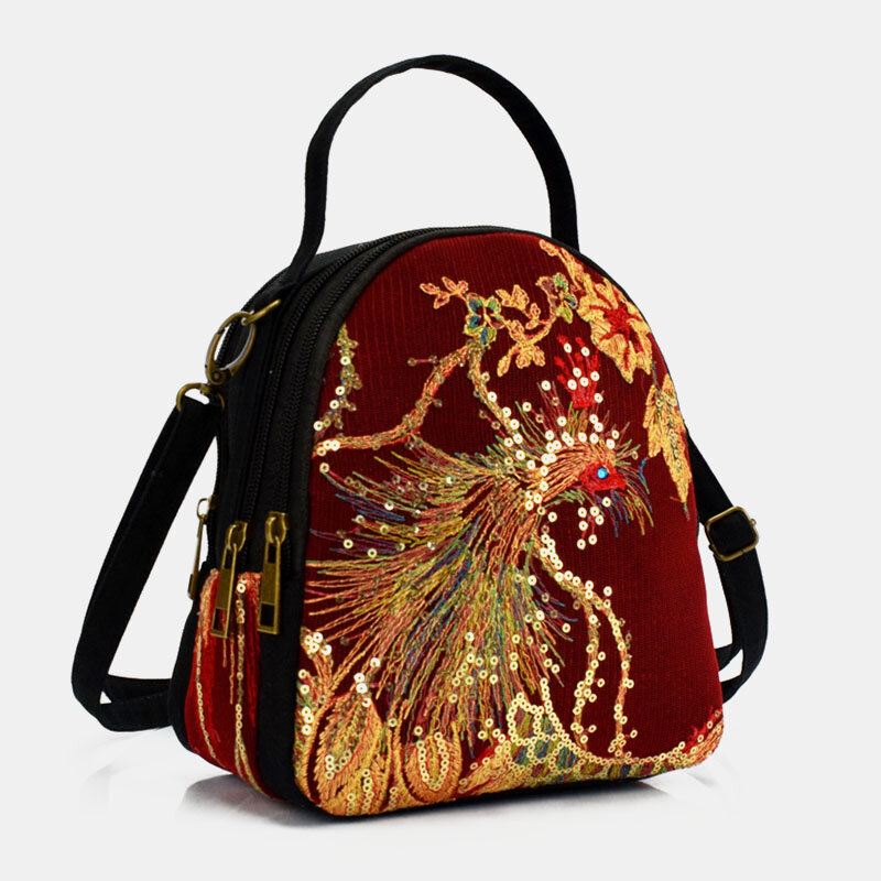 Naisten Kangas Etninen Tyyli Kirjonta Riikinkukkokuvio Paljetti Mini Multi-carry Käsilaukku Crossbody Laukku