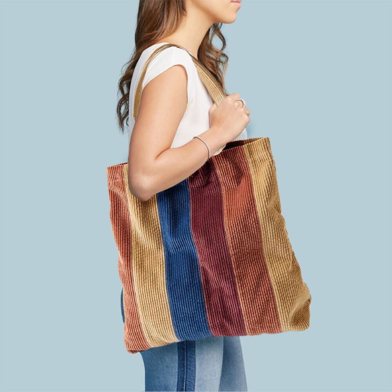 Naisten Vakosamettivärinen Raidallinen Etutasku Kantalaukku Suuri Tilavuus Vintage Olkalaukku Käsilaukku