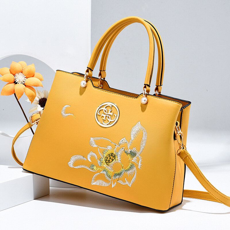 Naisten Vintage Kiinalaistyylinen Gardenia Kukka Brodeerattu Käsilaukku Suuri Tilavuus Monitaskuinen Monikantainen Pu Leahter Crossbody Laukku
